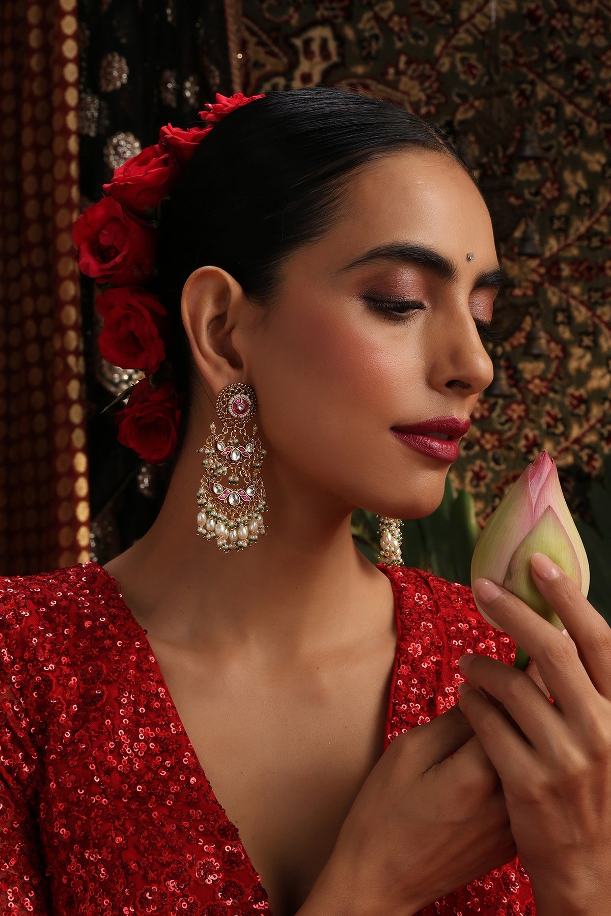 Gold Finish Red Kundan Polki Jadau Dangler Earrings