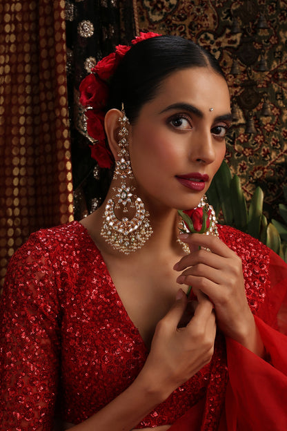 Gold Finish Kundan Polki Chandbali Earrings