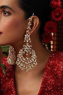 Gold Finish Kundan Polki Chandbali Earrings