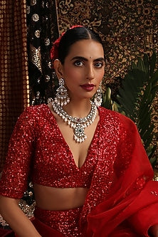 Gold Finish Kundan Polki & Emerald Stone Necklace Set