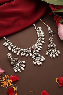 Gold Finish Kundan Polki & Emerald Stone Necklace Set
