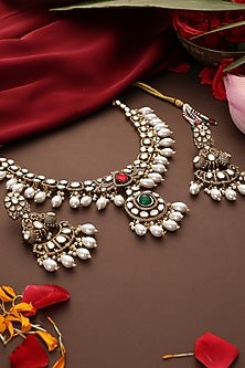 Gold Finish Kundan Polki & Emerald Stone Necklace Set