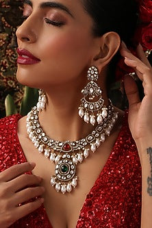 Gold Finish Kundan Polki & Emerald Stone Necklace Set