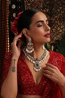 Gold Finish Kundan Polki & Emerald Stone Necklace Set