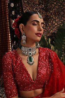 Rose Gold Finish Kundan Polki & Emerald Stone Choker Necklace Set