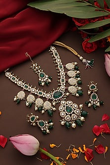 Gold Finish Kundan Polki & Emerald Stone Long Necklace Set
