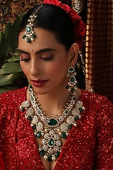 Gold Finish Kundan Polki & Emerald Stone Long Necklace Set