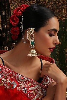 Gold Finish Kundan Polki & Green Stone Jhumka Earrings