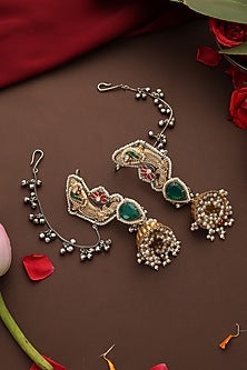 Gold Finish Kundan Polki & Green Stone Jhumka Earrings