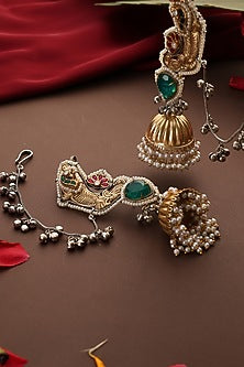Gold Finish Kundan Polki & Green Stone Jhumka Earrings