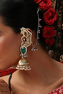 Gold Finish Kundan Polki & Green Stone Jhumka Earrings