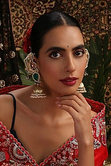 Gold Finish Kundan Polki & Green Stone Jhumka Earrings