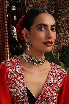Gold Finish Kundan Polki & Emerald Stone Choker Necklace Set