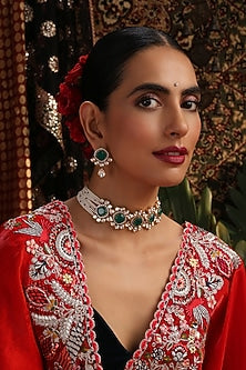 Gold Finish Kundan Polki & Emerald Stone Choker Necklace Set