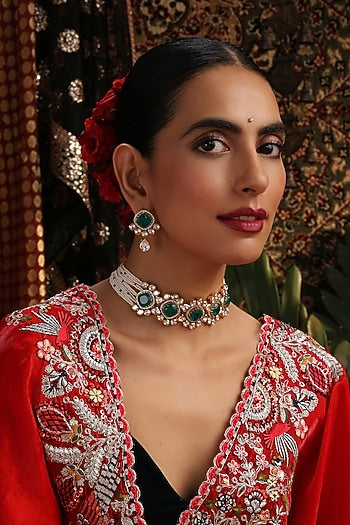 Gold Finish Kundan Polki & Emerald Stone Choker Necklace Set
