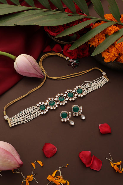 Gold Finish Kundan Polki & Emerald Stone Choker Necklace Set