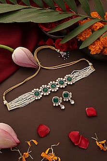 Gold Finish Kundan Polki & Emerald Stone Choker Necklace Set