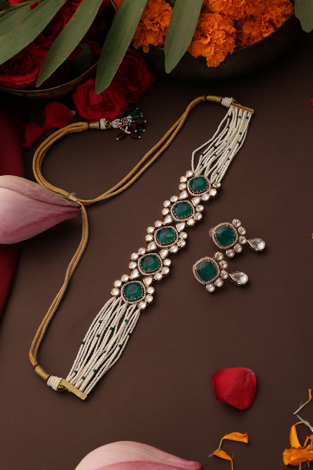 Gold Finish Kundan Polki & Emerald Stone Choker Necklace Set