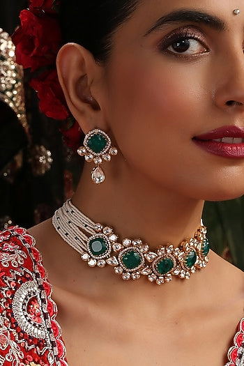 Gold Finish Kundan Polki & Emerald Stone Choker Necklace Set