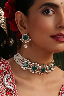 Gold Finish Kundan Polki & Emerald Stone Choker Necklace Set