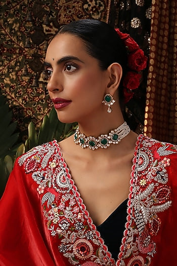 Gold Finish Kundan Polki & Emerald Stone Choker Necklace Set
