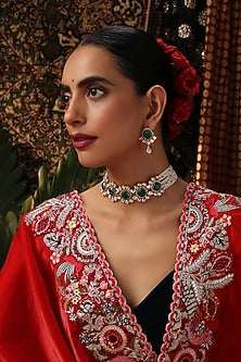 Gold Finish Kundan Polki & Emerald Stone Choker Necklace Set