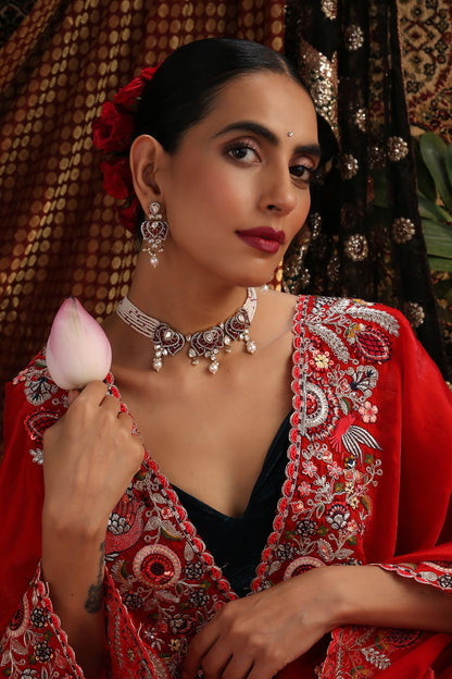 Gold Finish Red Stone & Kundan Polki Choker Necklace Set