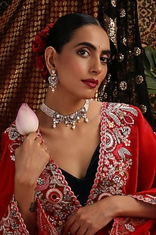 Gold Finish Red Stone & Kundan Polki Choker Necklace Set