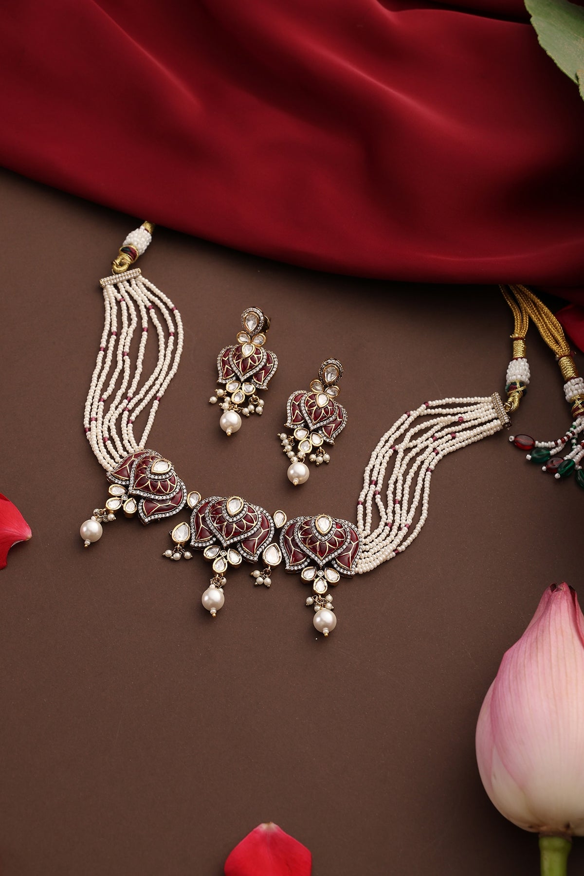 Gold Finish Red Stone & Kundan Polki Choker Necklace Set