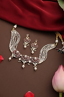 Gold Finish Red Stone & Kundan Polki Choker Necklace Set