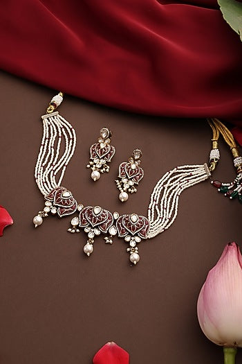 Gold Finish Red Stone & Kundan Polki Choker Necklace Set