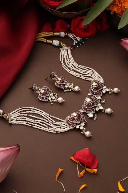 Gold Finish Red Stone & Kundan Polki Choker Necklace Set