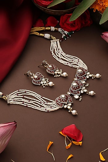 Gold Finish Red Stone & Kundan Polki Choker Necklace Set