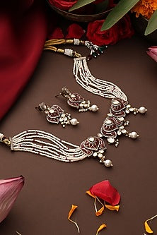 Gold Finish Red Stone & Kundan Polki Choker Necklace Set