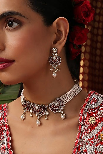 Gold Finish Red Stone & Kundan Polki Choker Necklace Set