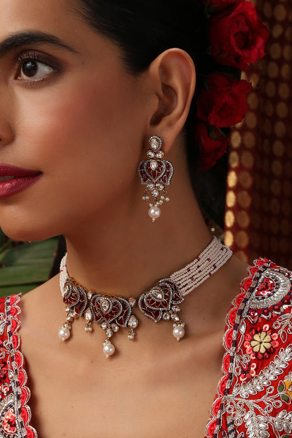 Gold Finish Red Stone & Kundan Polki Choker Necklace Set