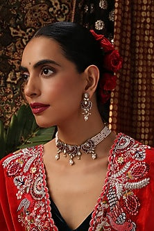 Gold Finish Red Stone & Kundan Polki Choker Necklace Set