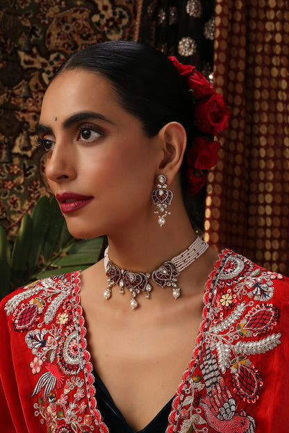 Gold Finish Red Stone & Kundan Polki Choker Necklace Set