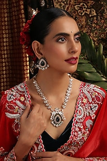 Rose Gold Finish Kundan Polki & Green Stone Pendant Necklace Set