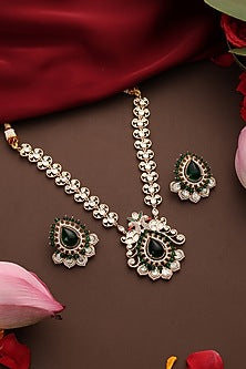 Rose Gold Finish Kundan Polki & Green Stone Pendant Necklace Set