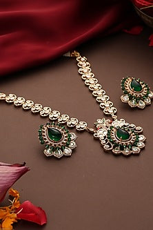 Rose Gold Finish Kundan Polki & Green Stone Pendant Necklace Set