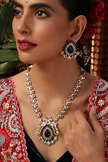 Rose Gold Finish Kundan Polki & Green Stone Pendant Necklace Set