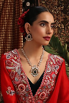 Rose Gold Finish Kundan Polki & Green Stone Pendant Necklace Set