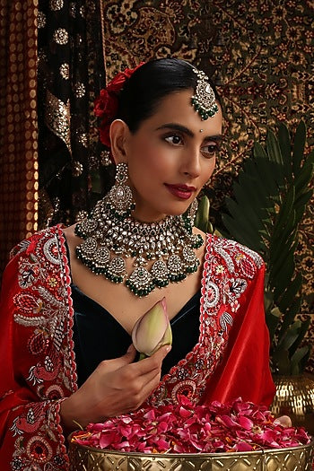 Gold Finish Kundan Polki & Green Stone Choker Necklace Set