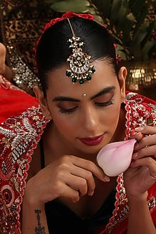 Gold Finish Kundan Polki & Green Stone Maangtikka