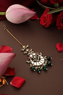 Gold Finish Kundan Polki & Green Stone Maangtikka
