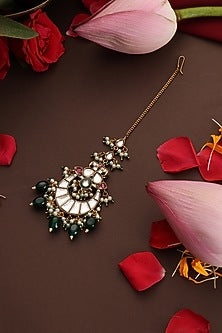 Gold Finish Kundan Polki & Green Stone Maangtikka