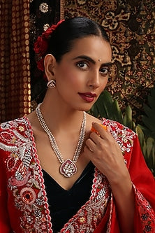 Rose Gold Finish Pink Kundan Polki Pendant Necklace Set