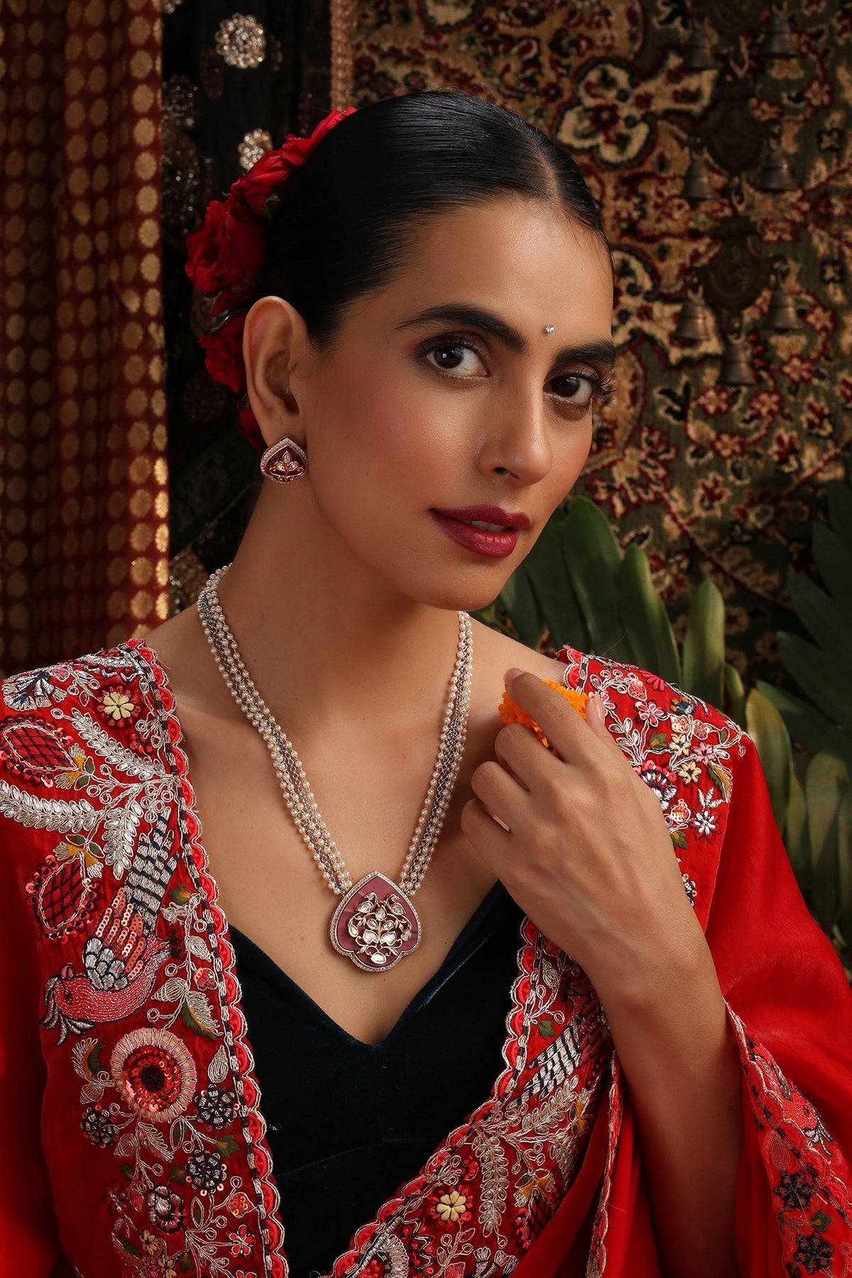 Rose Gold Finish Pink Kundan Polki Pendant Necklace Set