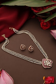 Rose Gold Finish Pink Kundan Polki Pendant Necklace Set